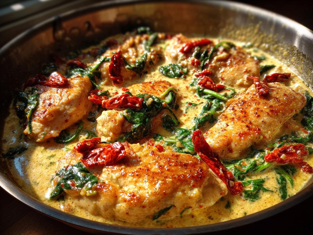 Close-up of seared chicken breasts simmering in a rich, creamy sauce with spinach and sun-dried tomatoes for creamy tuscan chicken.