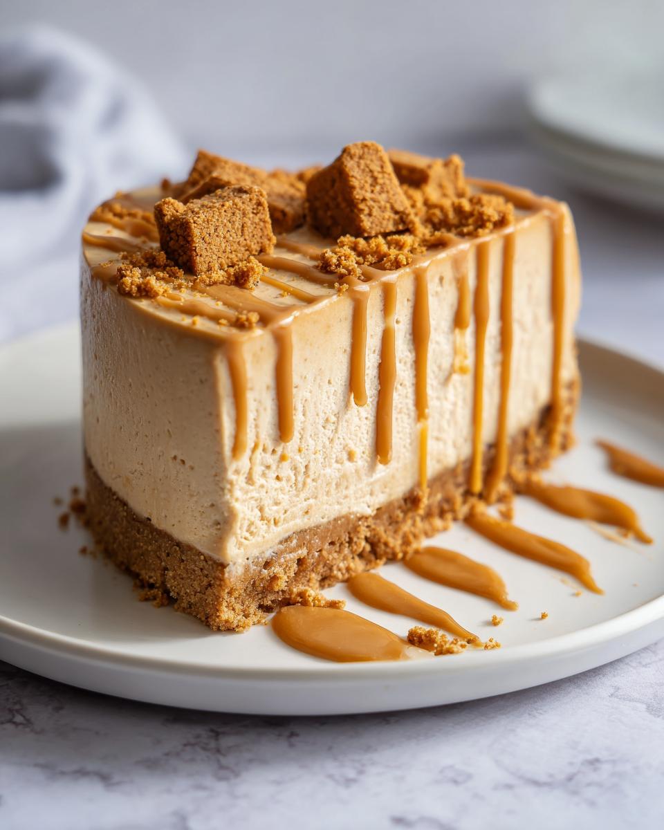 A perfect slice of no-bake biscoff cheesecake topped with caramel sauce and crushed biscoff cookies.