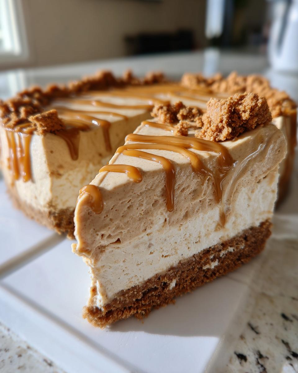 A close-up of a slice of creamy Biscoff cheesecake topped with caramel drizzle and cookie crumbs.