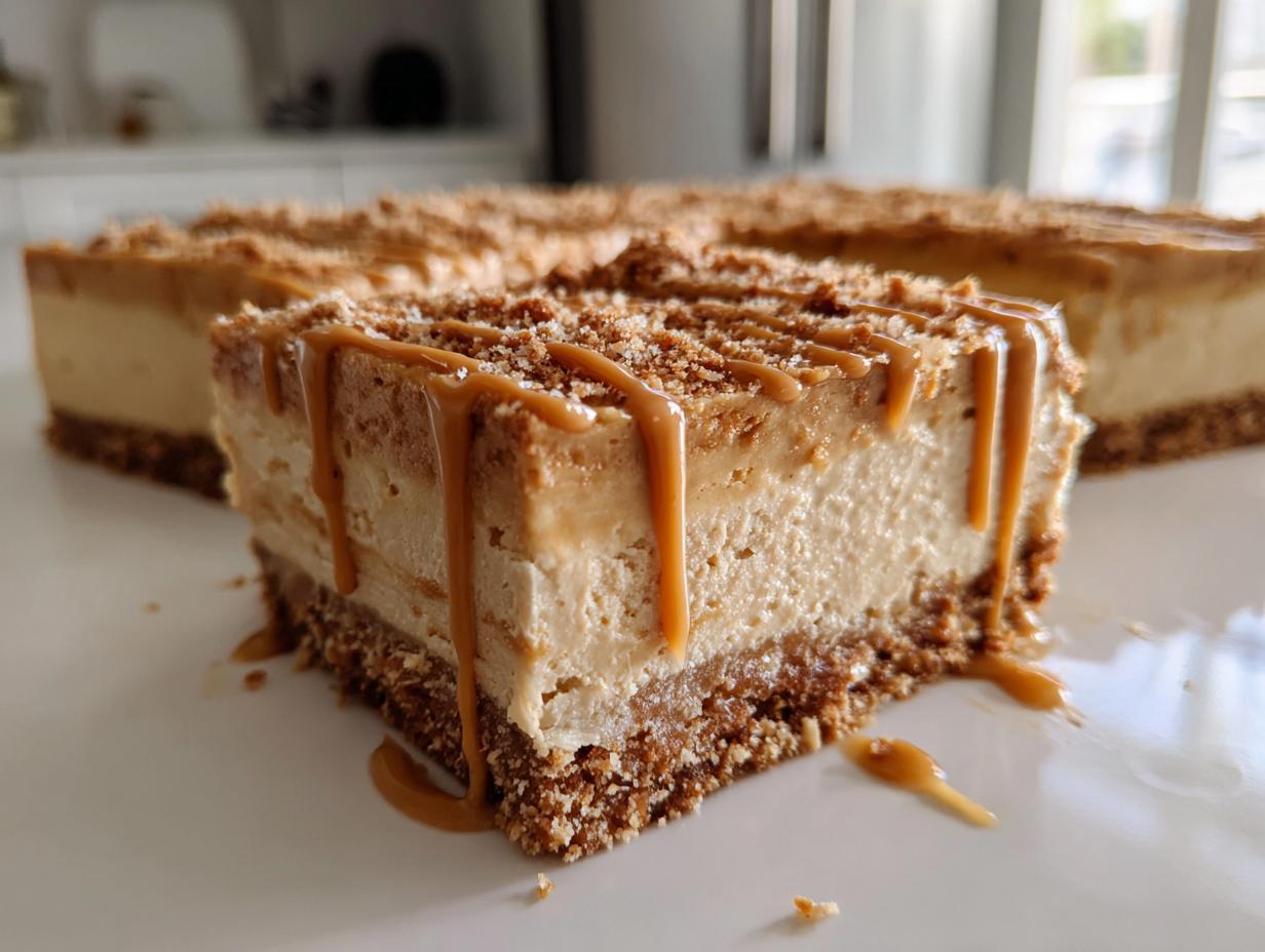 Close-up of a thick slice of creamy biscoff cheesecake on a white plate, drizzled with caramel sauce.