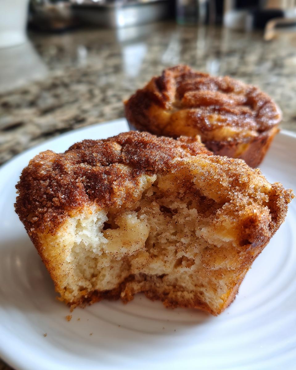A close-up of a french toast muffins with a bite taken out, revealing the soft interior and cinnamon sugar topping.