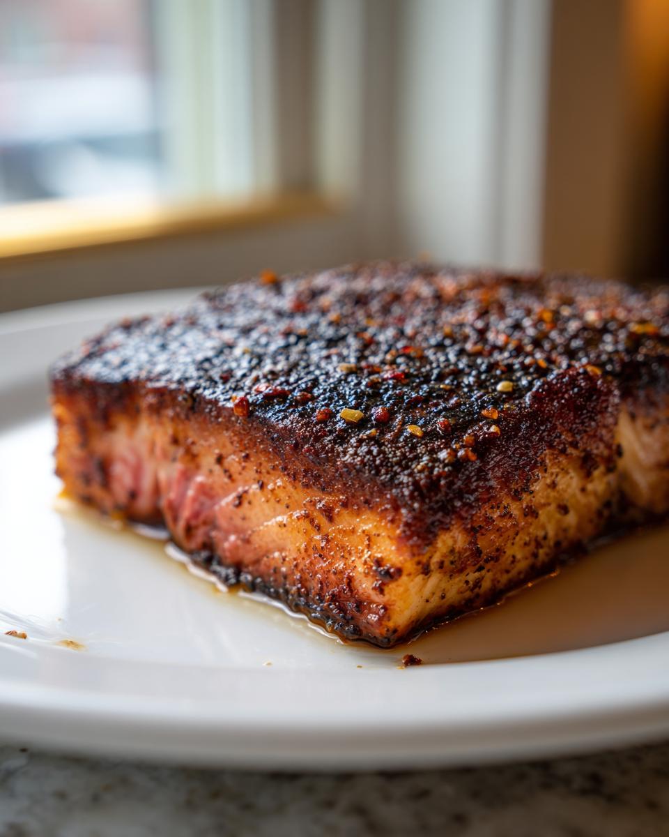 Close-up of a thick, juicy piece of blackened salmon resting on a white plate, showing a dark spice crust.