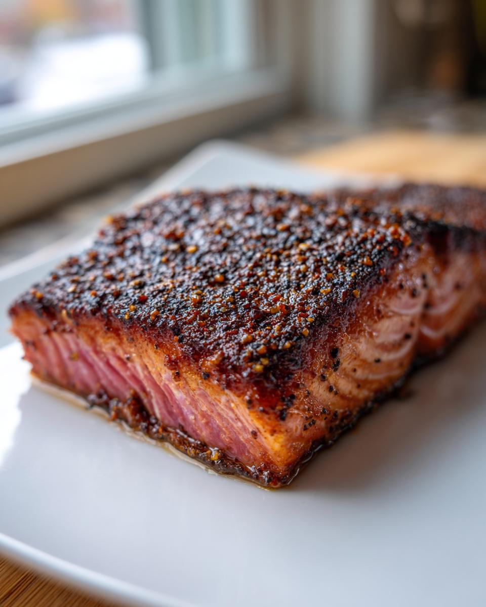 A thick, juicy fillet of blackened salmon resting on a white plate, showing a dark, heavily spiced crust.