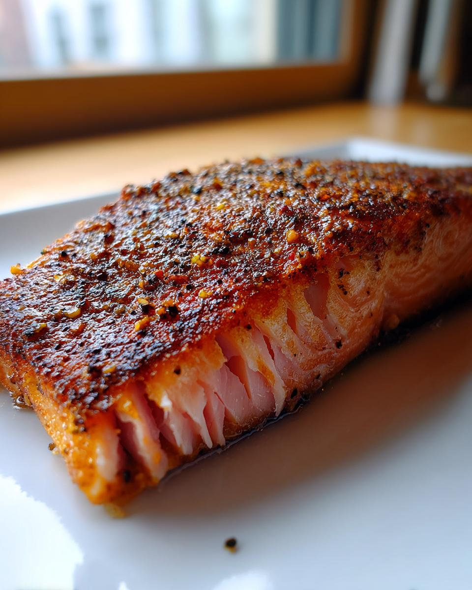 Close-up of a perfectly cooked, flaky piece of blackened salmon resting on a white plate.