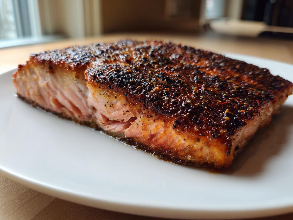 A thick, perfectly cooked fillet of blackened salmon resting on a white plate, showing the dark spice crust and moist pink interior.