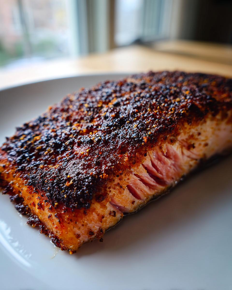 Close-up of a perfectly cooked piece of blackened salmon with a dark, flavorful crust resting on a white plate.
