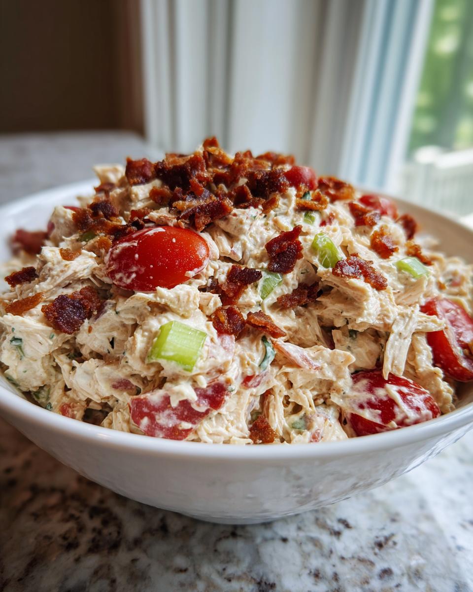 Close-up of a white bowl filled with creamy blt chicken salad, topped generously with crispy bacon crumbles and cherry tomatoes.