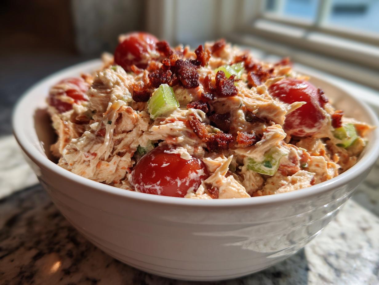 A close-up of creamy blt chicken salad mixed with cherry tomatoes, celery, and topped with crispy bacon bits in a white bowl.