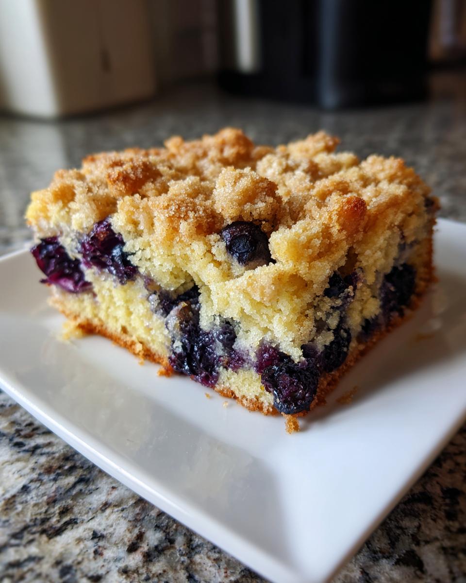 Close-up of a moist slice of blueberry breakfast cake featuring a golden crumb topping served on a white rectangular plate.