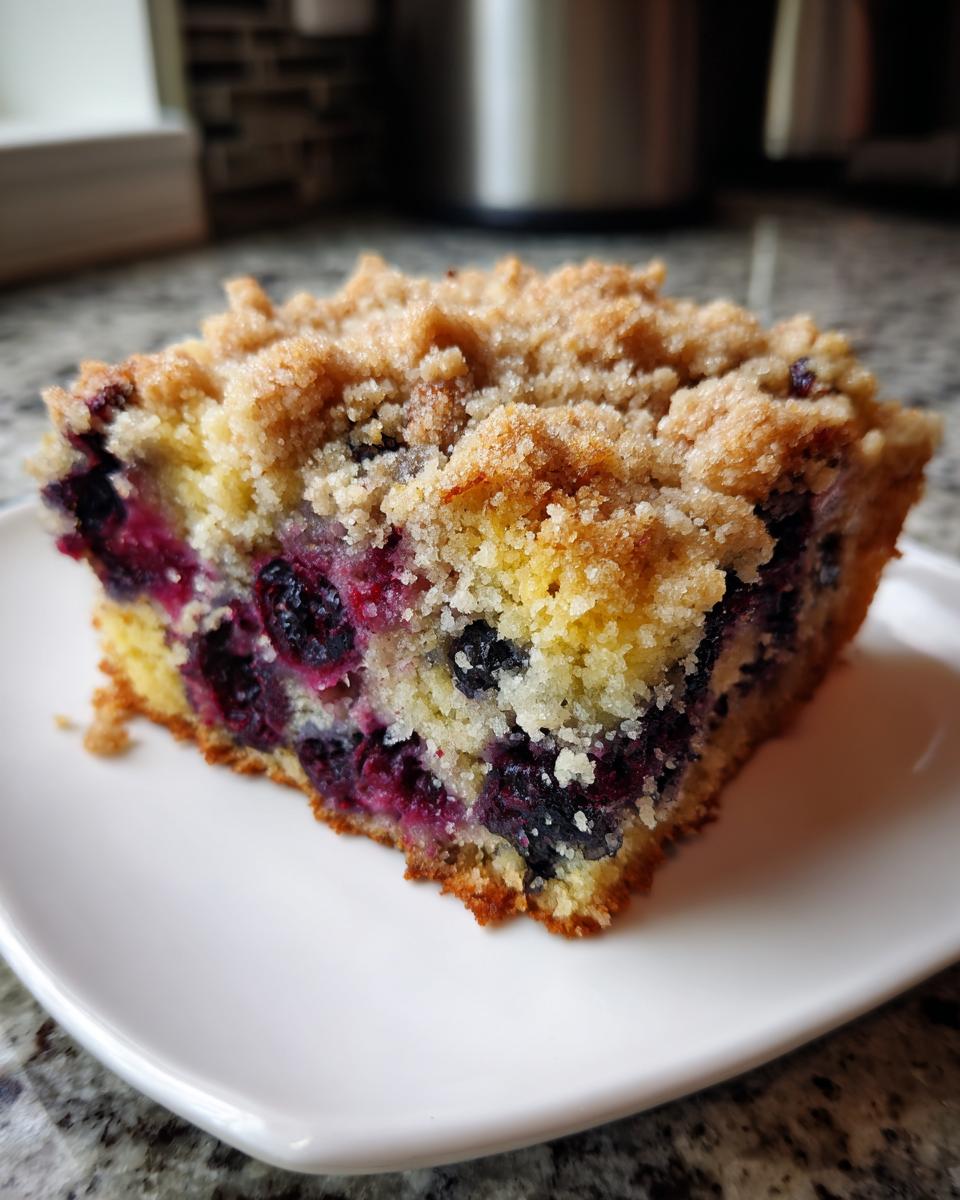 Close-up of a moist slice of blueberry breakfast cake topped with a golden brown streusel crumb.