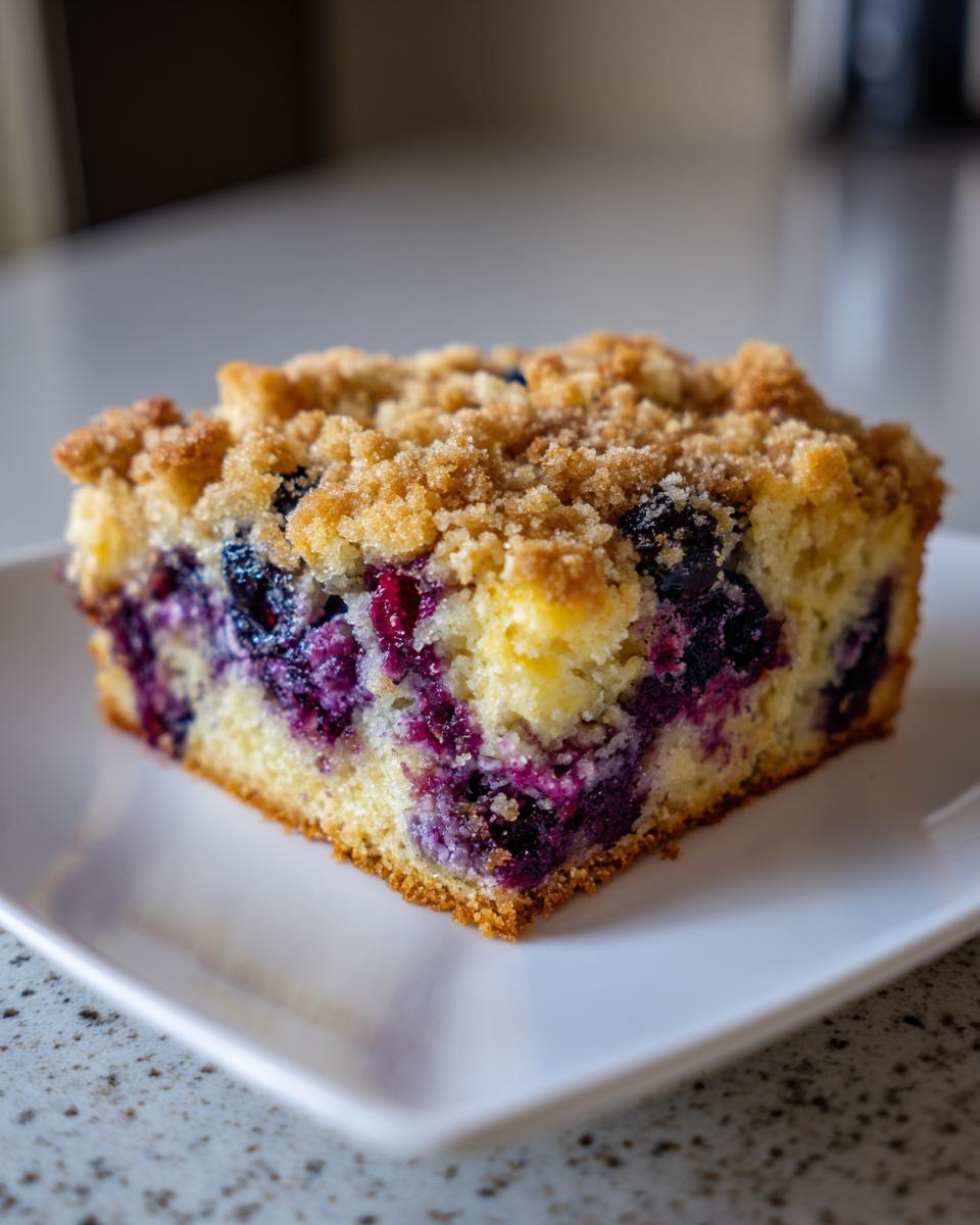 A square slice of moist blueberry breakfast cake topped with golden brown streusel crumbs, served on a white plate.