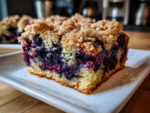 A moist slice of blueberry breakfast cake featuring a dense layer of purple blueberries and a crumbly streusel topping.