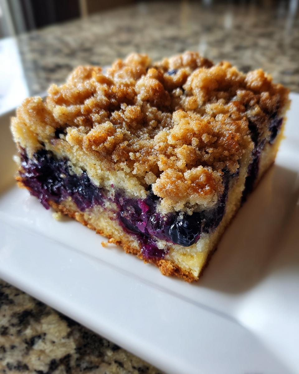 A square slice of blueberry breakfast cake featuring a moist yellow crumb and a thick, golden streusel topping.