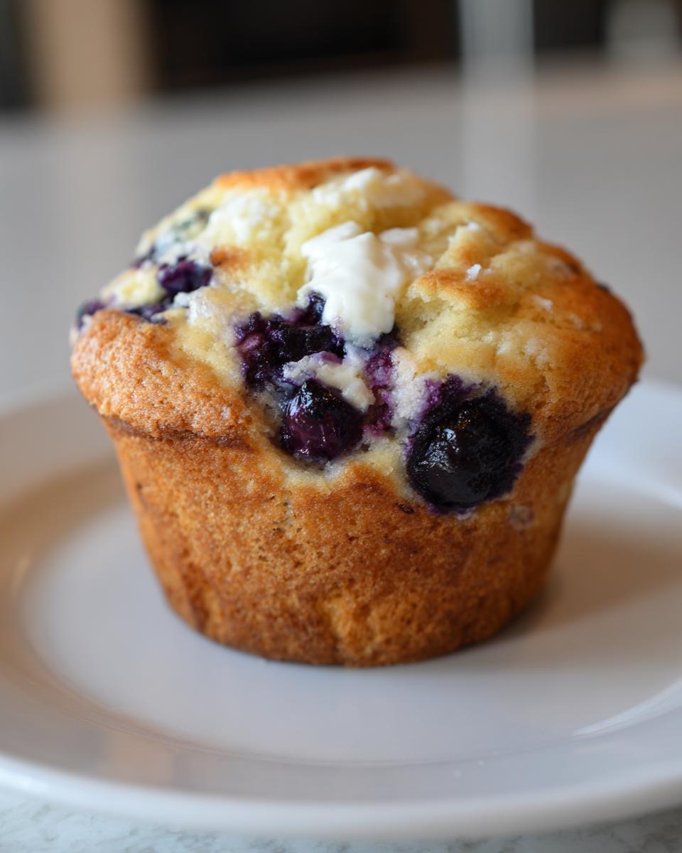 A single, golden-brown blueberry cream cheese muffin topped with a dollop of cream cheese, sitting on a white plate.