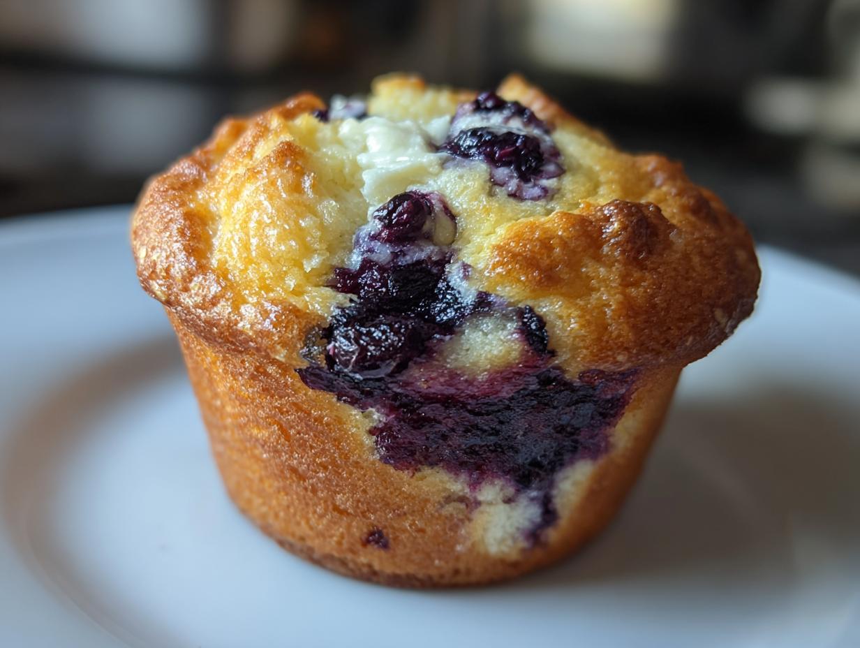 A close-up of a golden-brown blueberry cream cheese muffin sitting on a white plate.