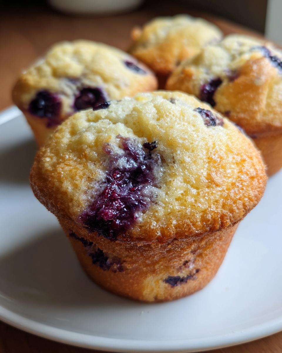 A close-up of golden-brown blueberry cream cheese muffins sitting on a white plate.