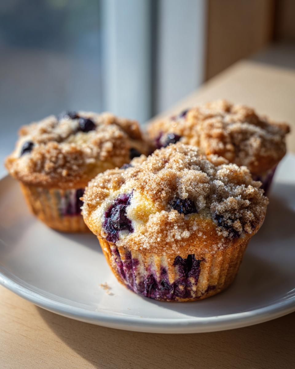 Three freshly baked blueberry muffin treats with a thick, sugary streusel topping resting on a white plate.