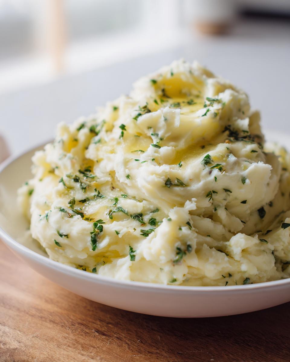 A close-up of fluffy Boursin mashed potatoes topped with melted butter and fresh chopped parsley.