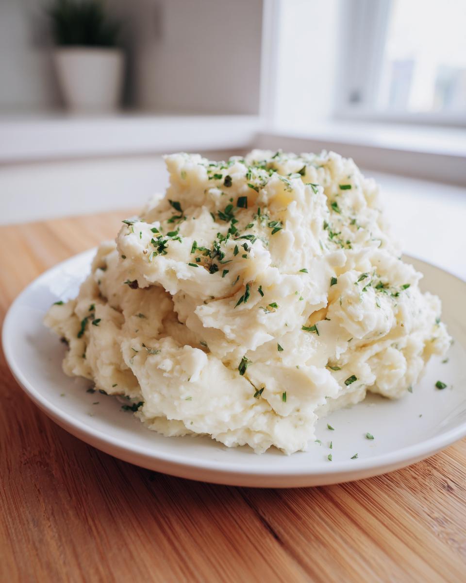 A generous serving of creamy Boursin mashed potatoes topped with fresh chopped parsley on a white plate.
