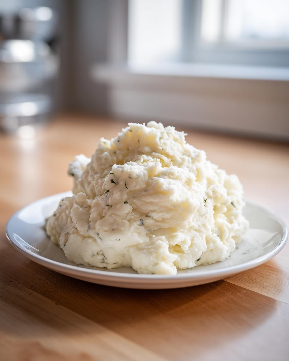 A generous mound of creamy Boursin mashed potatoes flecked with herbs, served on a white plate.