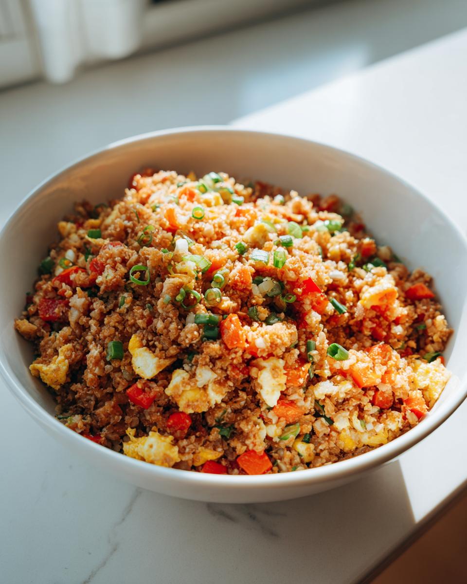 A white bowl filled with savory cauliflower rice mixed with scrambled egg, diced carrots, and green onions.