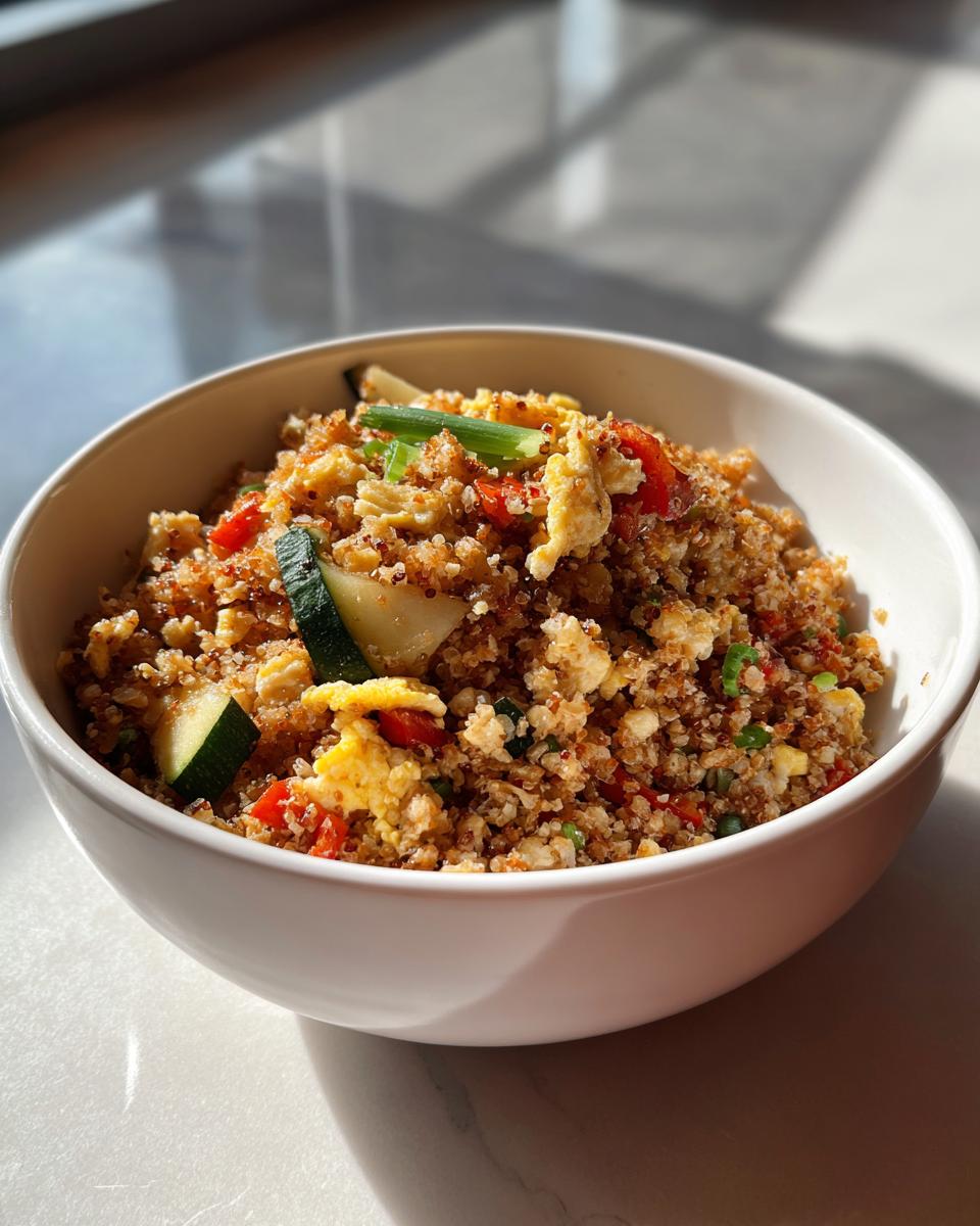 A white bowl filled with savory cauliflower rice mixed with scrambled egg, zucchini, and red peppers.