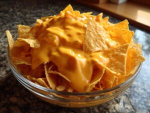 A clear glass bowl filled with tortilla chips generously topped with bright orange nacho cheese sauce.