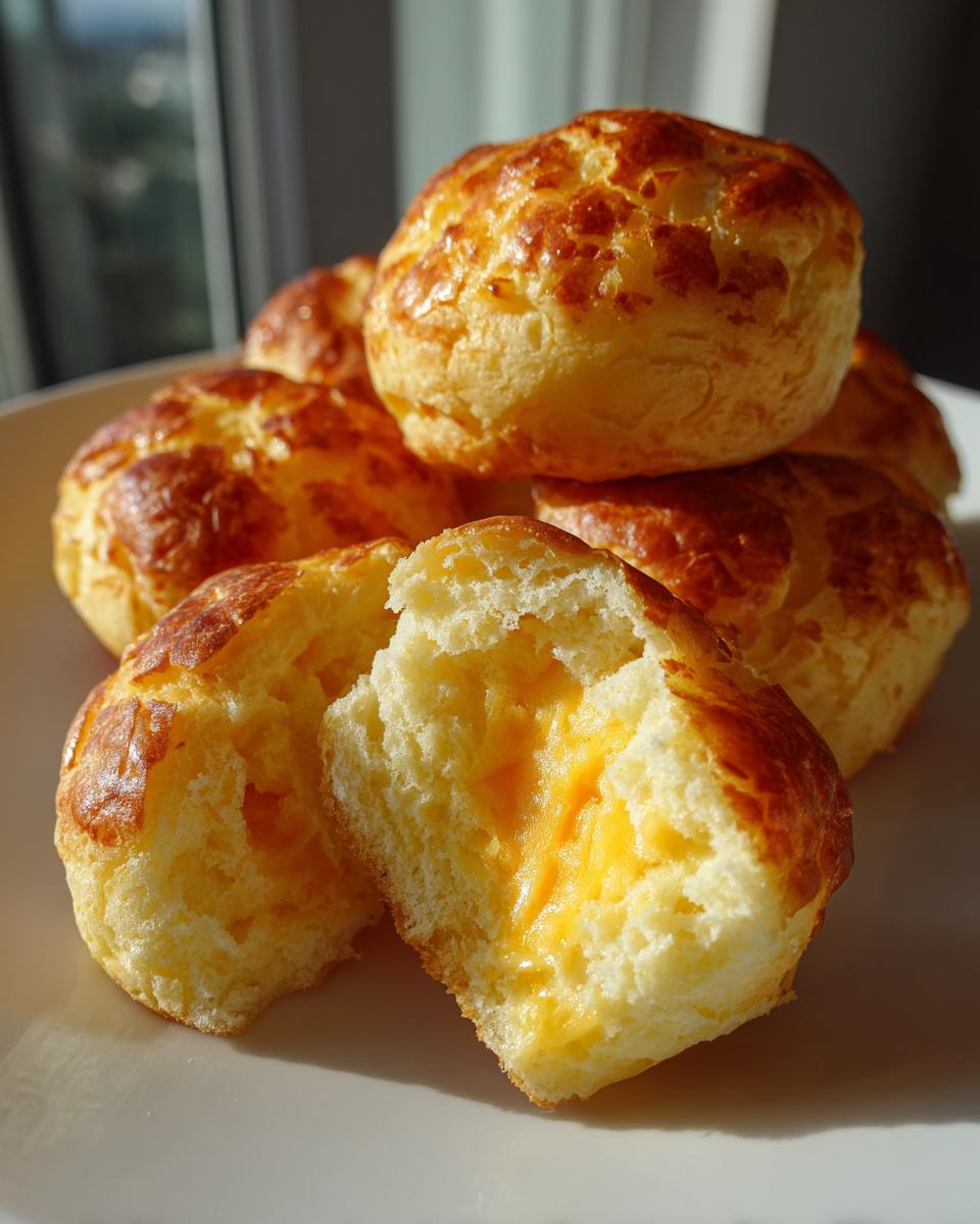 Close-up of freshly baked brazilian cheese bread, one piece broken open to show the melted, gooey cheese inside.
