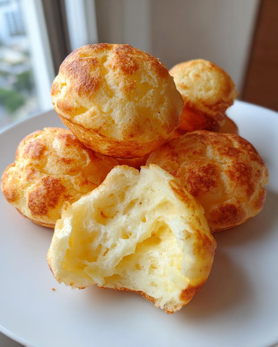 Close-up of golden baked brazilian cheese bread puffs, one broken open showing the airy, cheesy interior.