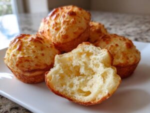 Close-up of several golden brown brazilian cheese bread puffs, one broken open showing the airy, chewy interior.