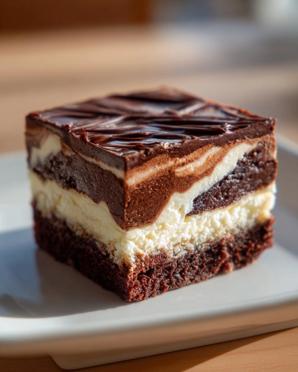 A close-up of a rich, layered brownie refrigerator cake slice featuring a dark brownie base, white cream filling, and chocolate swirl topping.