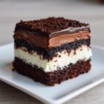 A tempting square slice of brownie refrigerator cake featuring four distinct layers: cake, cream, mousse, and ganache topping.