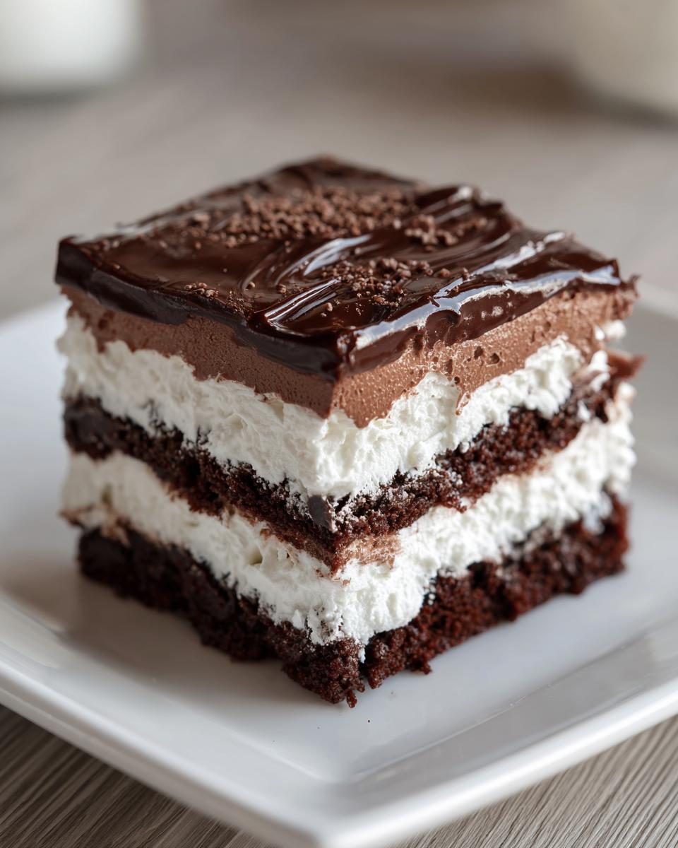 A perfect square slice of brownie refrigerator cake with layers of dark chocolate cake, white cream, and chocolate mousse topping.