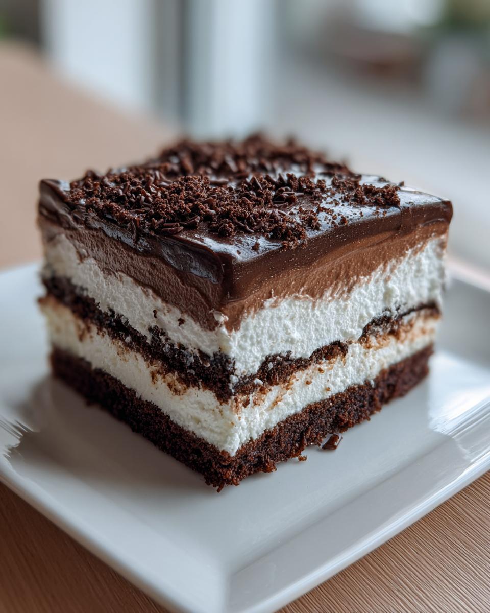A layered slice of brownie refrigerator cake with chocolate, cream, and sprinkles on a white plate.