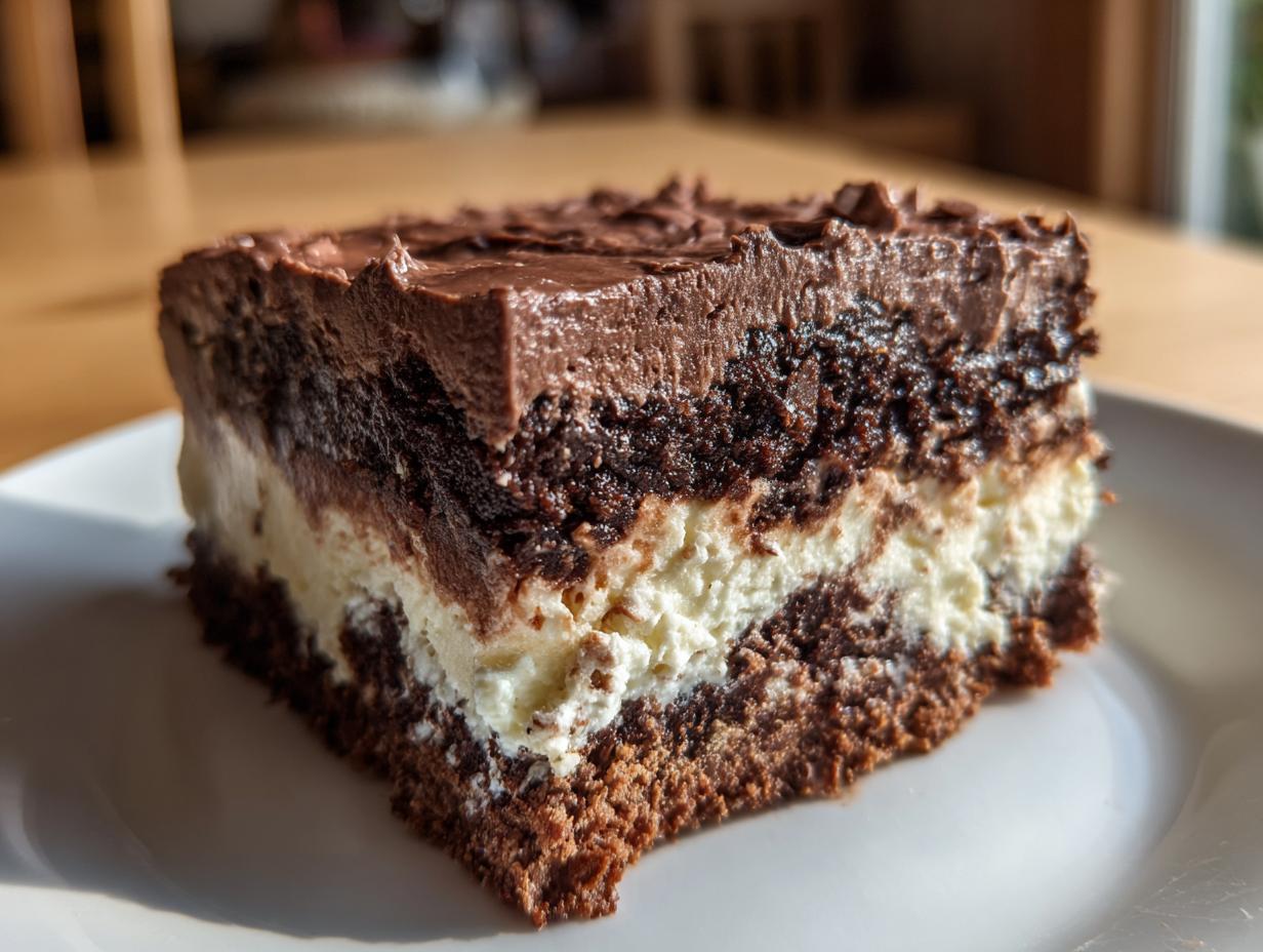 Close-up of a layered brownie refrigerator cake slice showing chocolate cake, cream filling, and chocolate frosting.