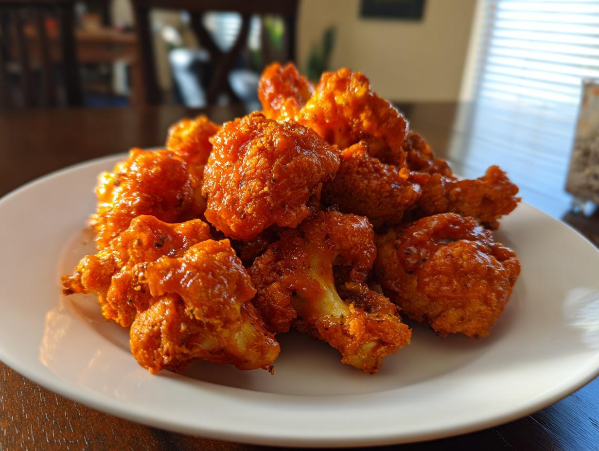 A close-up of crispy, saucy buffalo cauliflower bites piled high on a white plate.