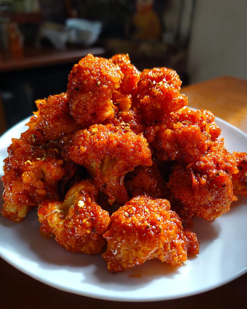 A pile of crispy, saucy buffalo cauliflower florets glistening with bright orange buffalo sauce on a white plate.