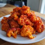 Close-up of a mound of crispy, orange-glazed buffalo cauliflower pieces served on a white plate.