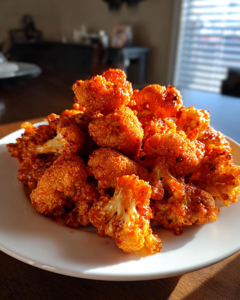 A close-up of a generous pile of crispy, orange-glazed buffalo cauliflower florets served on a white plate.