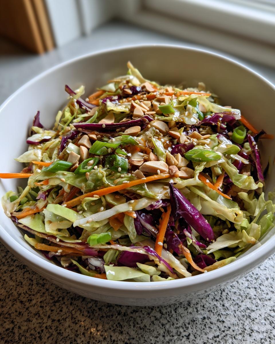 A vibrant bowl of Asian-style cabbage salad featuring shredded green and purple cabbage, carrots, and topped with peanuts and sesame seeds.