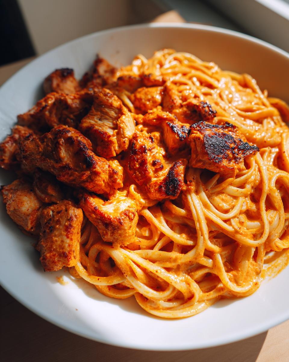 A close-up of linguine pasta coated in a creamy orange sauce, topped generously with seasoned and seared cajun chicken pieces.