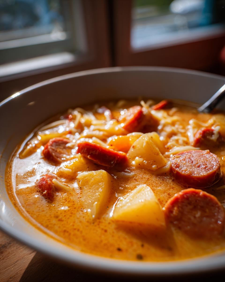 Close-up of a creamy, orange-hued bowl of Cajun potato soup featuring chunks of potato and slices of smoked sausage.