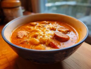 Close-up of a steaming bowl of rich, orange Cajun potato soup featuring chunks of potato and sliced smoked sausage.
