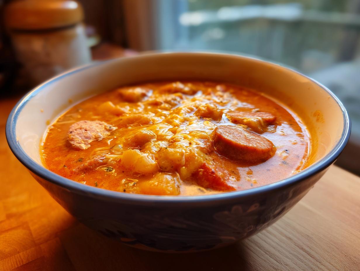 Close-up of a steaming bowl of rich, orange Cajun potato soup featuring chunks of potato and sliced smoked sausage.
