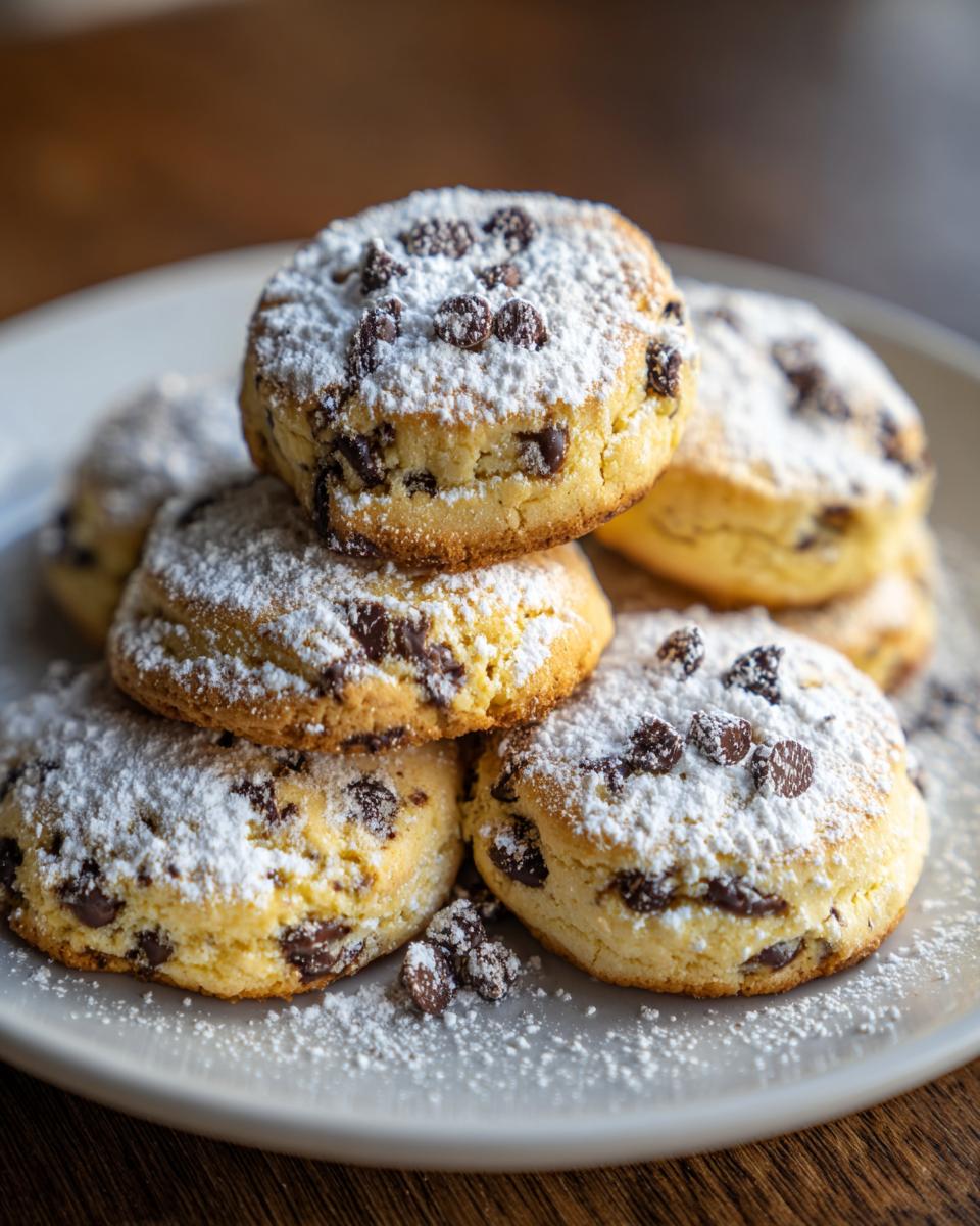 A stack of freshly baked cannoli cookies filled with chocolate chips and dusted heavily with powdered sugar.