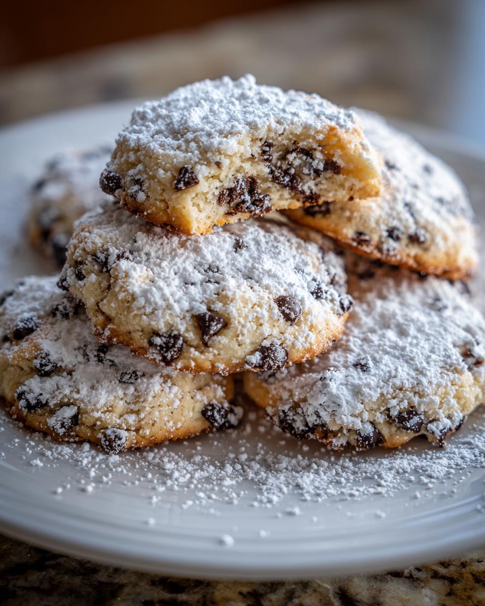 Close-up of a stack of delicious cannoli cookies loaded with mini chocolate chips and heavily dusted with powdered sugar.