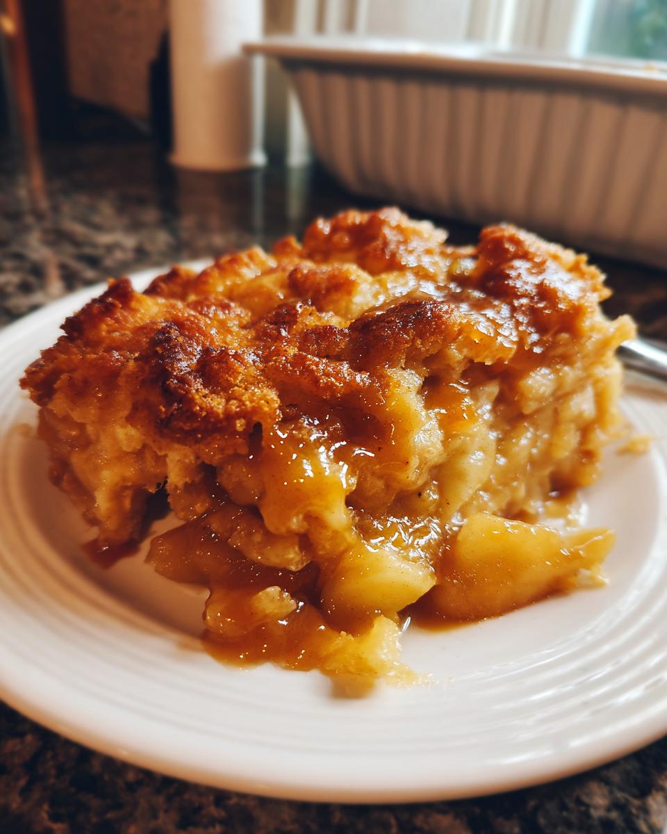A close-up serving of warm caramel apple dump cake, showing soft apples and gooey caramel topping on a white plate.