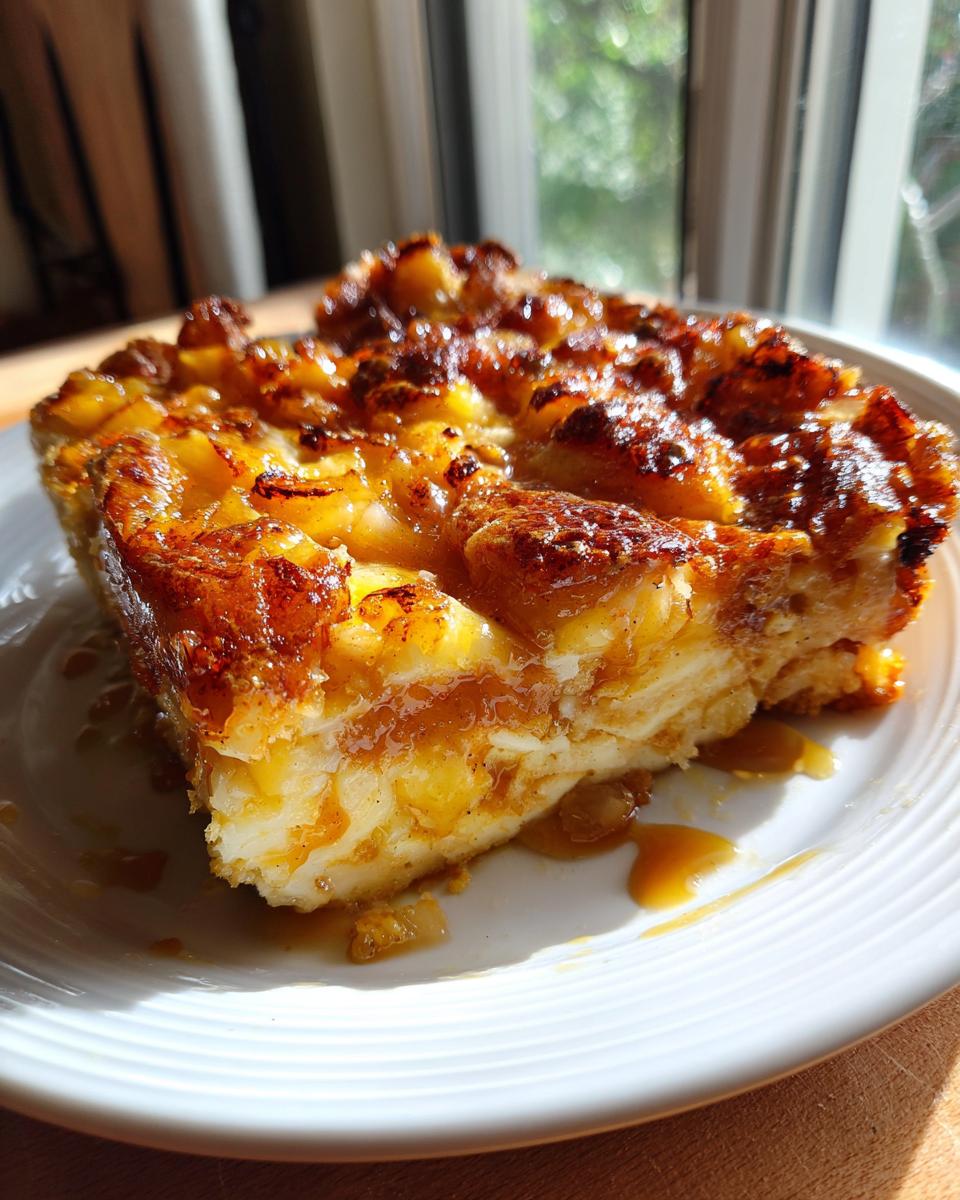 A close-up of a rich, gooey slice of caramel apple dump cake on a white plate, glistening in the sunlight.