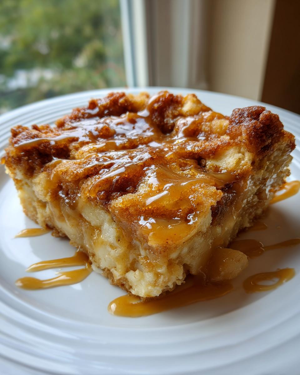 A close-up of a moist slice of caramel apple dump cake topped with rich caramel sauce drizzle.