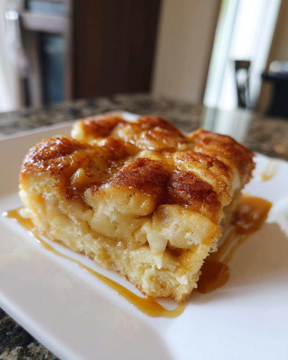 A close-up of a square slice of moist caramel apple dump cake topped with cinnamon sugar and drizzled with extra caramel sauce.